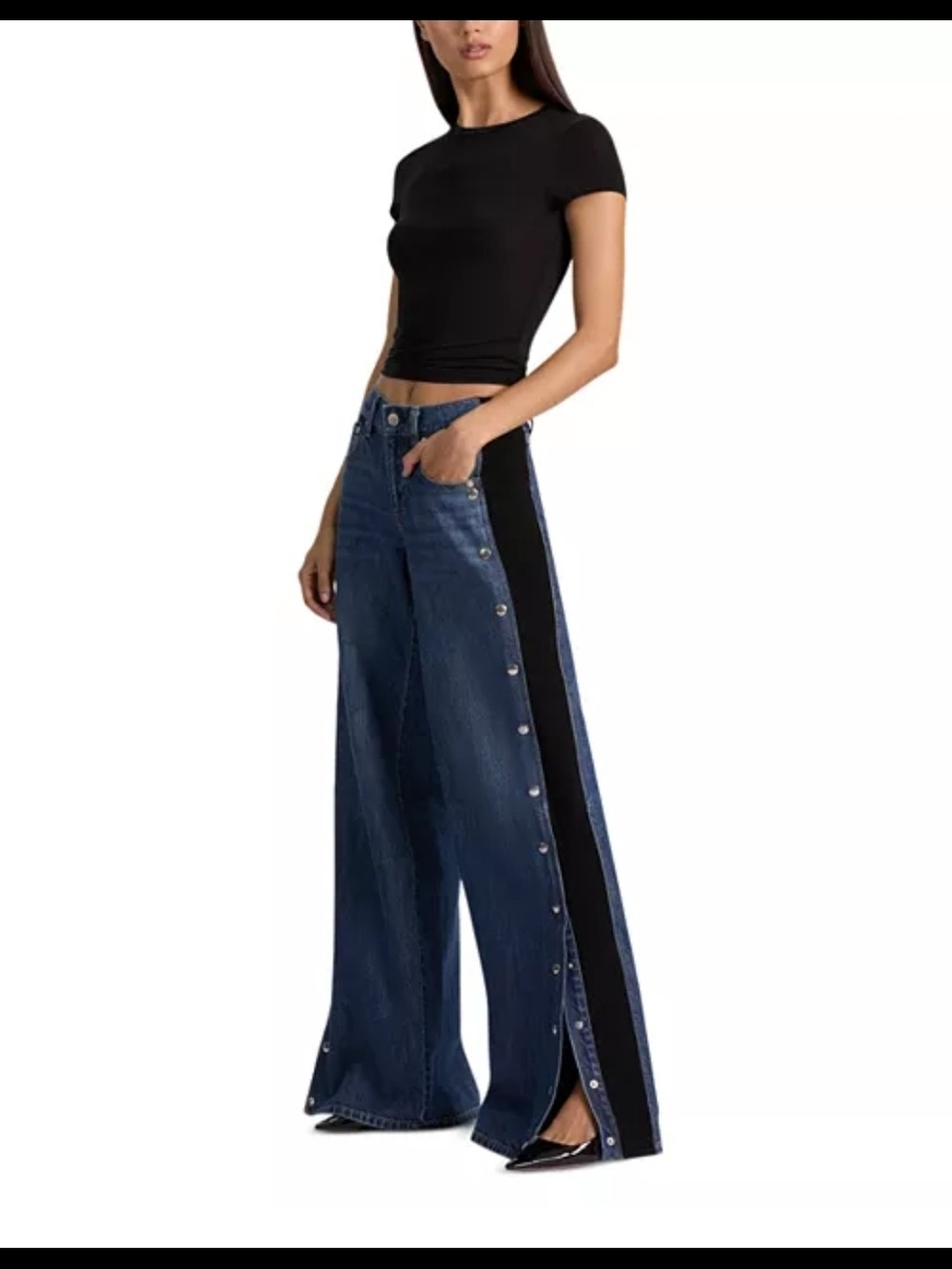 Alice + Olivia Two-Tone Wide Leg Snap-Trim Jeans in Denim Blue and Black Size 26 - Picture 4 of 13